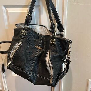 Timi & Leslie diaper bag; black leather w/ bottle accessory and pouch